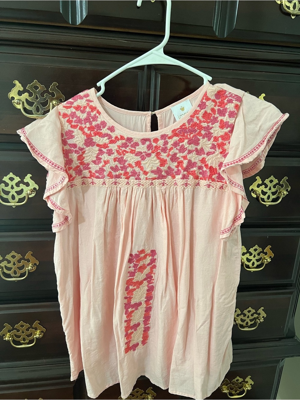Girls' Pink Embroidered Flutter-Sleeve Top